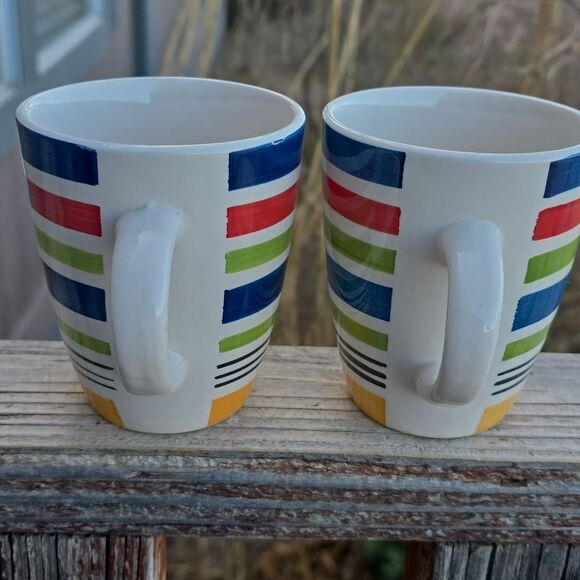 Pfaltzgraff Morocco Mugs – Set of 2 Bold Primary Striped Stoneware |Discontinued - Picture 3 of 8